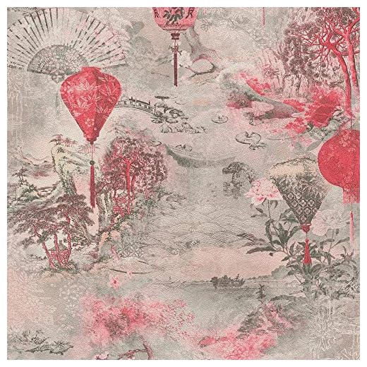 A.S. Création Vliestapete Asian Fusion Tapete mit japanischem Garten 10,05 m x 0,53 m grau rot schwarz Made in Germany 374662 37466-2