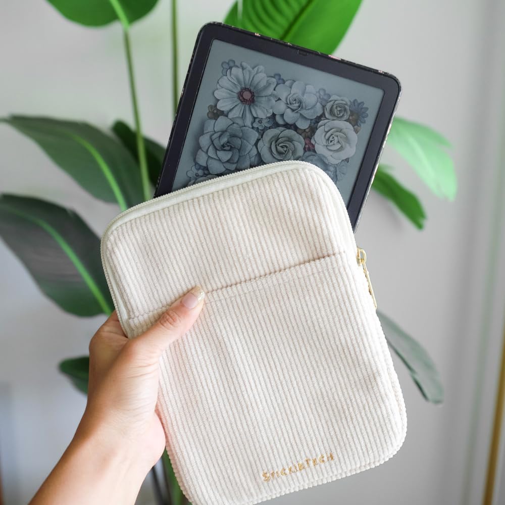 StickieTech Kindle Hülle, Cordstoff, 20,3 x 15,9 cm, 2 Taschen, kompatibel mit E-Readern von 15,2–17,8 cm, cremefarben