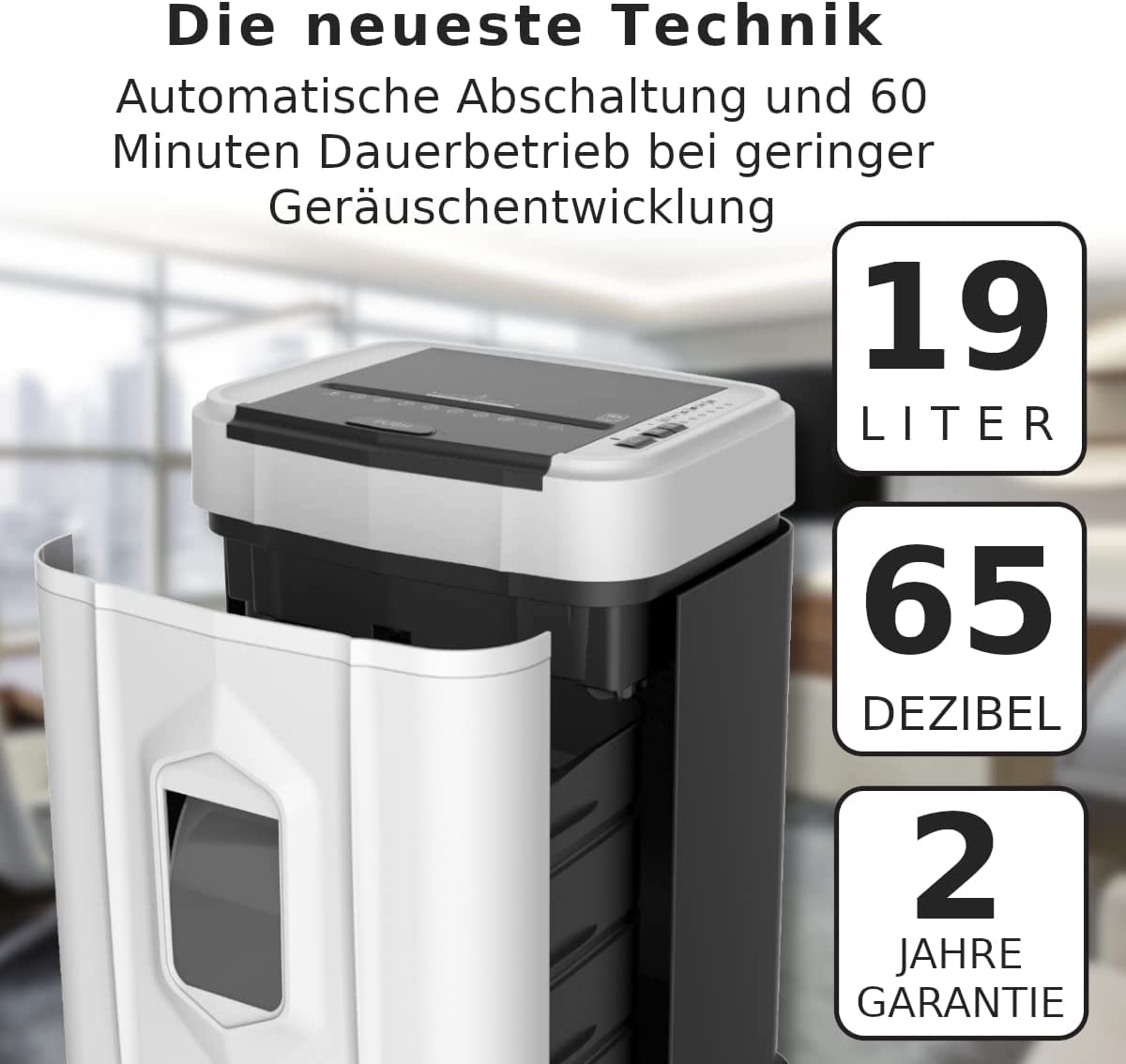 Niszczarka do dokumentów, do 120 arkuszy jednocześnie, automatyczna niszczarka, P-5, rozdrabniacz do papieru o pojemności 19 l, bardzo cicha praca, tylko 65 dB, cięcie krzyżowe, cięcie cząstek