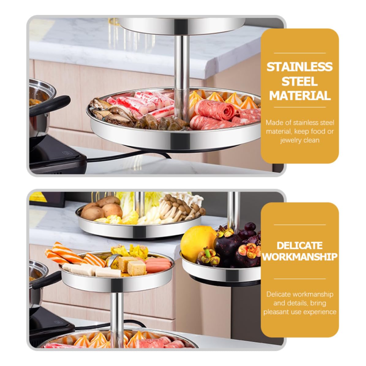 Operitacx Plateau à Gâteau en Métal Double Couche en Acier Inoxydable, Plateau Ménager Pratique et Portable pour Fruits et Légumes, Cuisine et Service