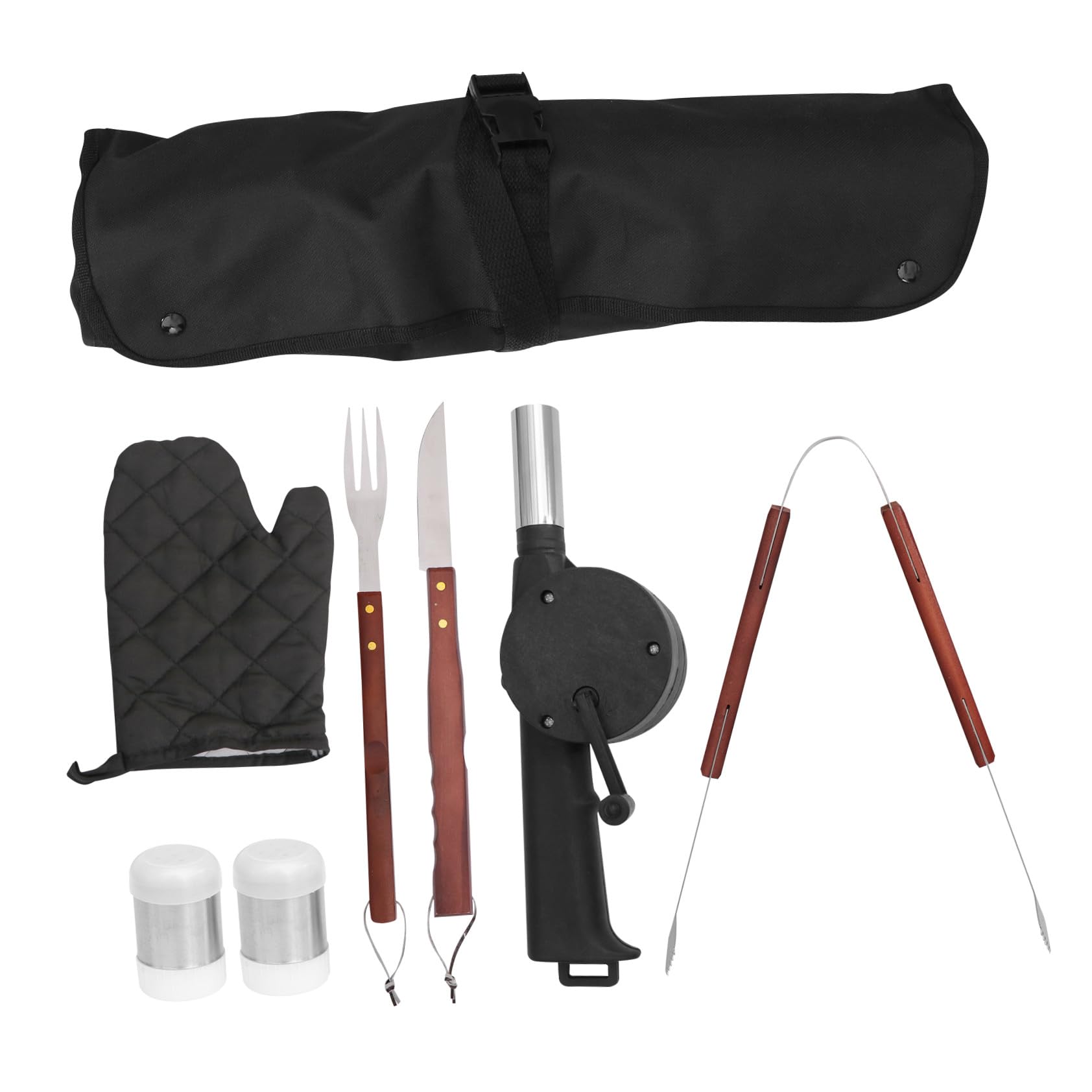 SHINEOFI Juego de Utensilios para Barbacoa de Acero Inoxidable Mango de Madera, Kit de 8 Piezas Bolsa de Almacenamiento para Camping y Fiesta al Aire Libre
