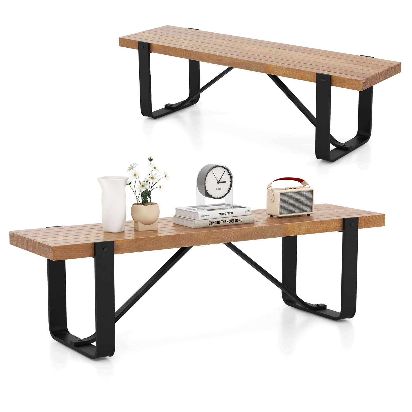 KOMFOTTEU Banc de salle à manger 152,5 x 43 cm en bois avec pieds en métal - Banc de table en bois sans dossier - Banc de cuisine avec pieds en U - Banc de couloir - Charge maximale : 300 kg