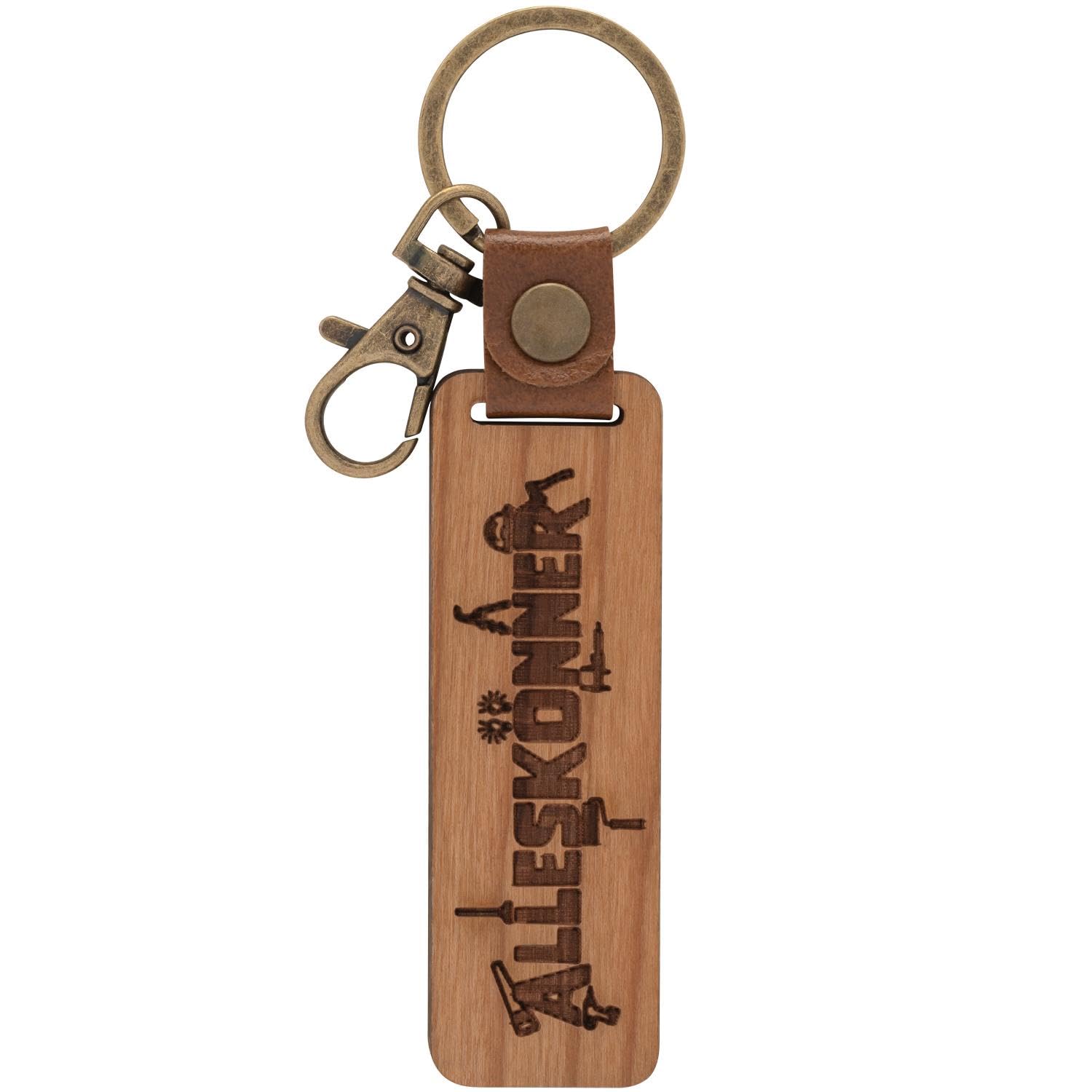GRUSS & CO 48329 Wooden Key Ring with Alleskönner Engraving Cherry Wood with Carabiner, Brown, Länge 15 cm