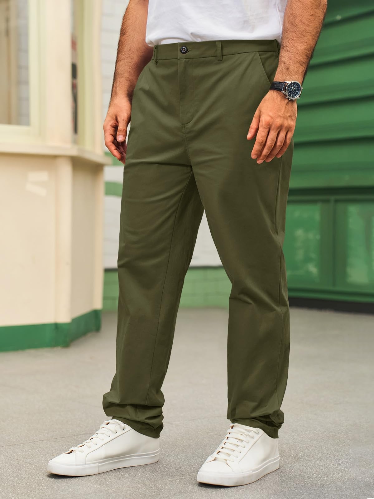 Runcati Pantalon chino pour homme - Coupe droite - Stretch - Couleur unie - En coton - Long - Léger - Avec taille élastique