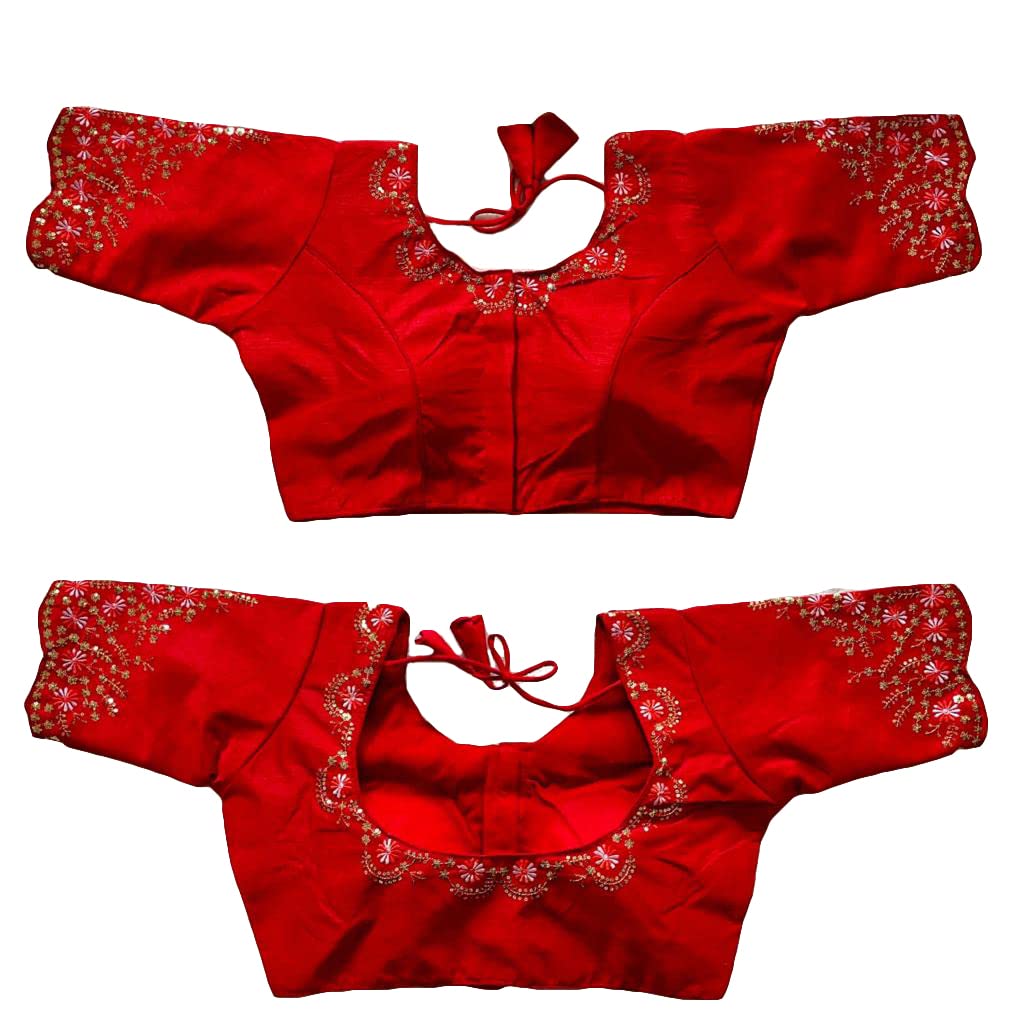 Women's Silk Embroidery Sequence Work Half Sleeve Readymade Blouse-image-48