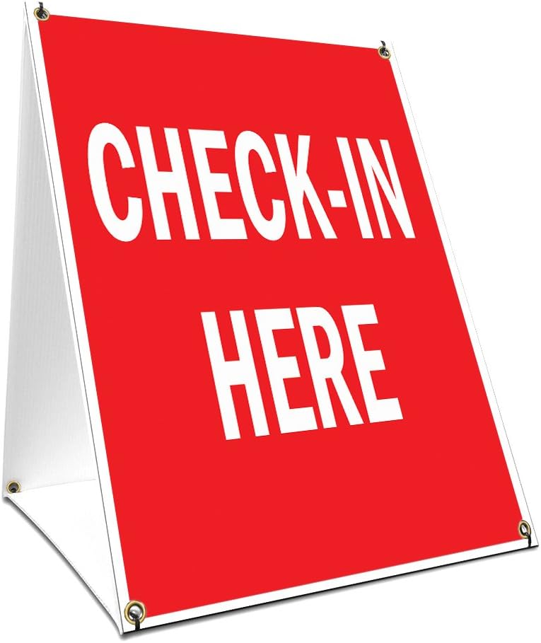 SignMission A-frame Sidewalk Check-in Here Sign With Graphics On Each Side | 18" X 24" Print Size
