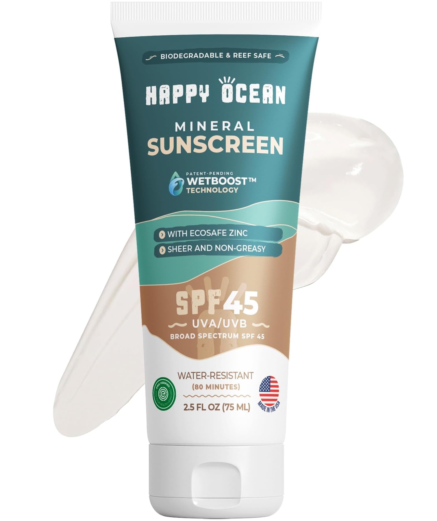 SPF 45 Biodegradable Reef Safe Sunscreen for Face & Body, Non-Nano Zinc Oxide, Natural Fragrance Free Non Toxic Organic Mineral Sunscreen, Travel Size Reef Friendly Mineral Based 2.5 Fl Oz