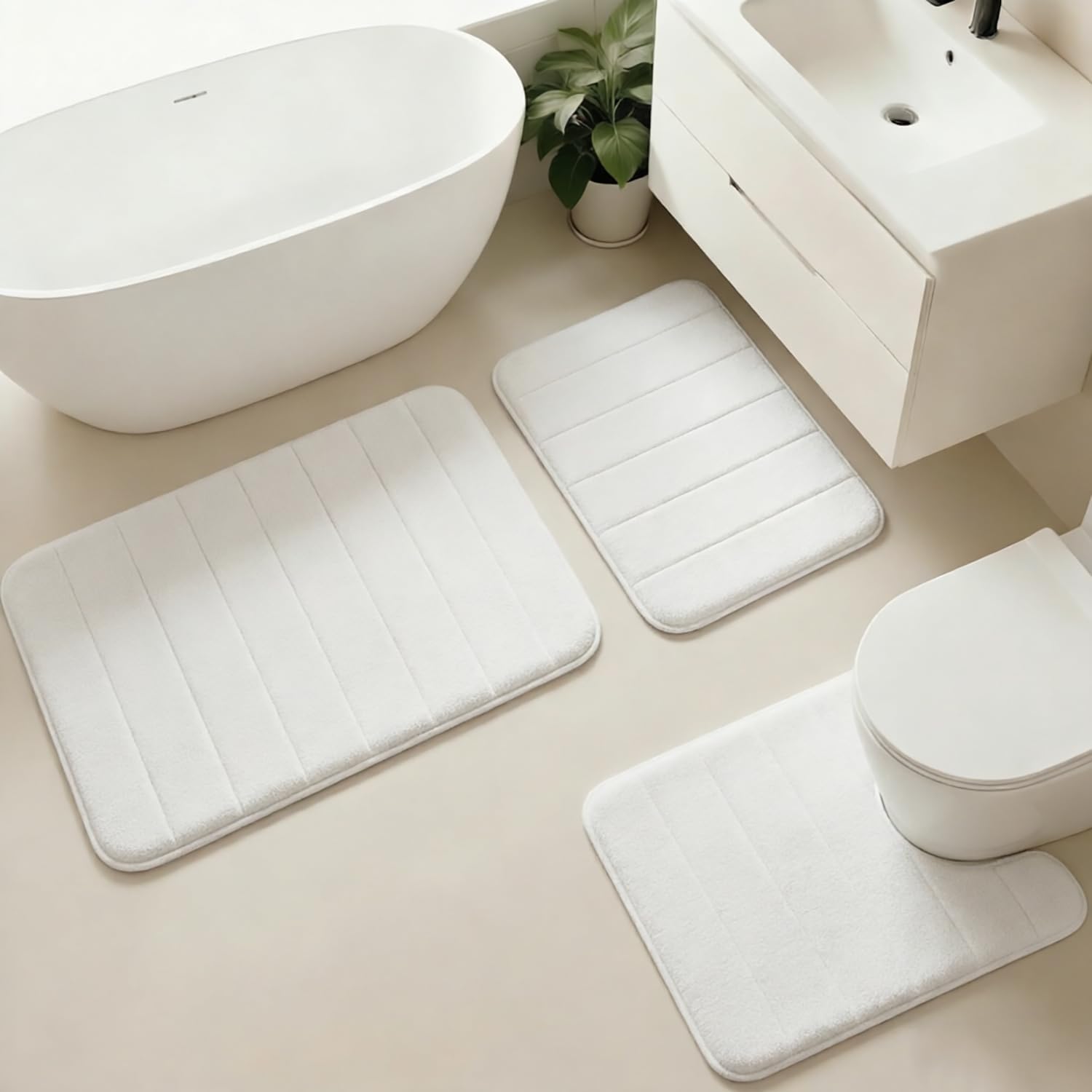 Memory Foam Bath Mat Set 3 Piece，Super Soft Absorbent Bathroom Rug Non Slip, Quick Dry,Machine Wash, Perfect Plush Bathroom Rugs,Home Decor Accessories,White