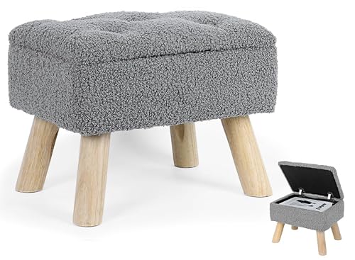 OGEMXU Storage Ottoman, Small Storage Ottoman Foot Stool with Wood Legs, Teddy Velvet Rectangular Foot Rest for Chair, Soft Sponge White Footstool for Living Room, Couch, Bedroom, Dorm (Grizzly)