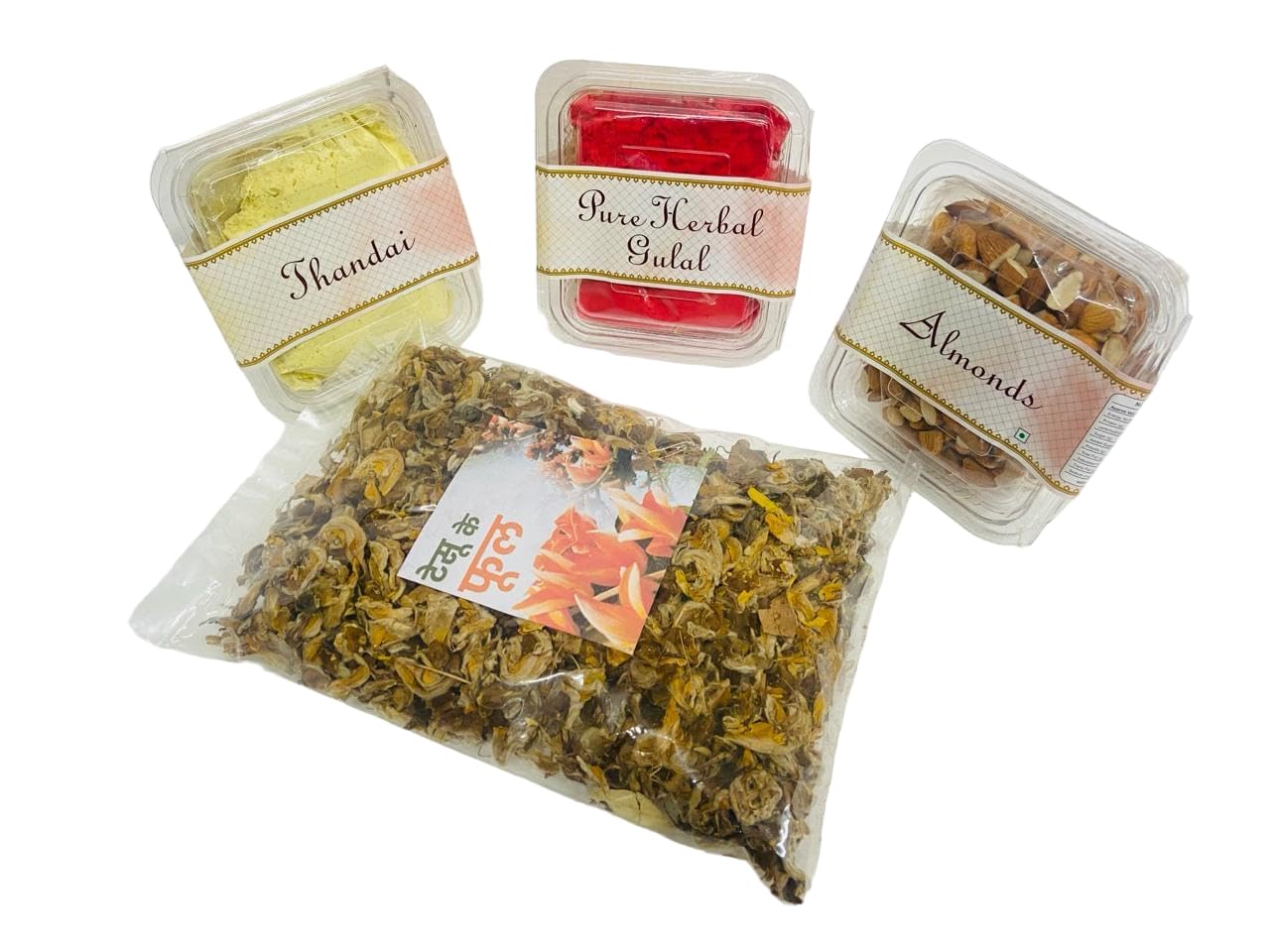 VSD Pure Natural and Herbal Gulal with Dried Tesu Ke Phool, Almond Tukra, Thandai for Holi Celebration (100gm Each)