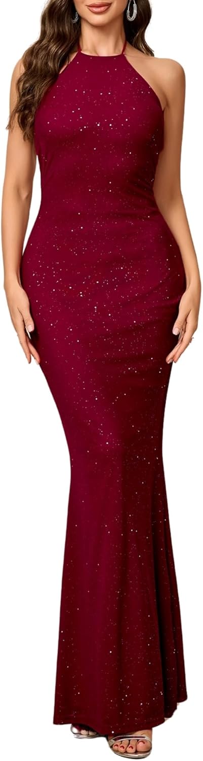 Parthea Women's Sexy Sequin Bodycon Backless Sparkly Mesh Evening Party Elegant Maxi Dresses