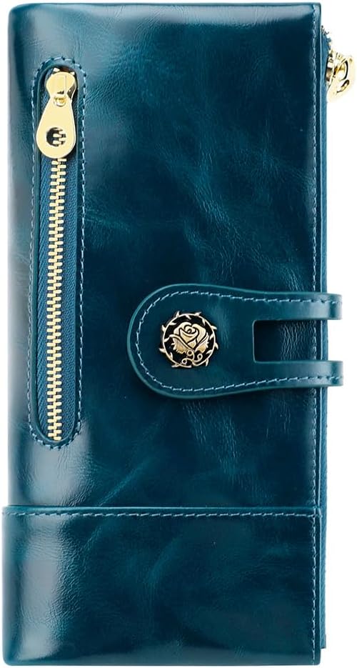 Women's RFID Blocking Wallet Soft Leather Clutch Money Ladies Purse Slim Card Holder Organizer Zip Pocket (3013-Blue)