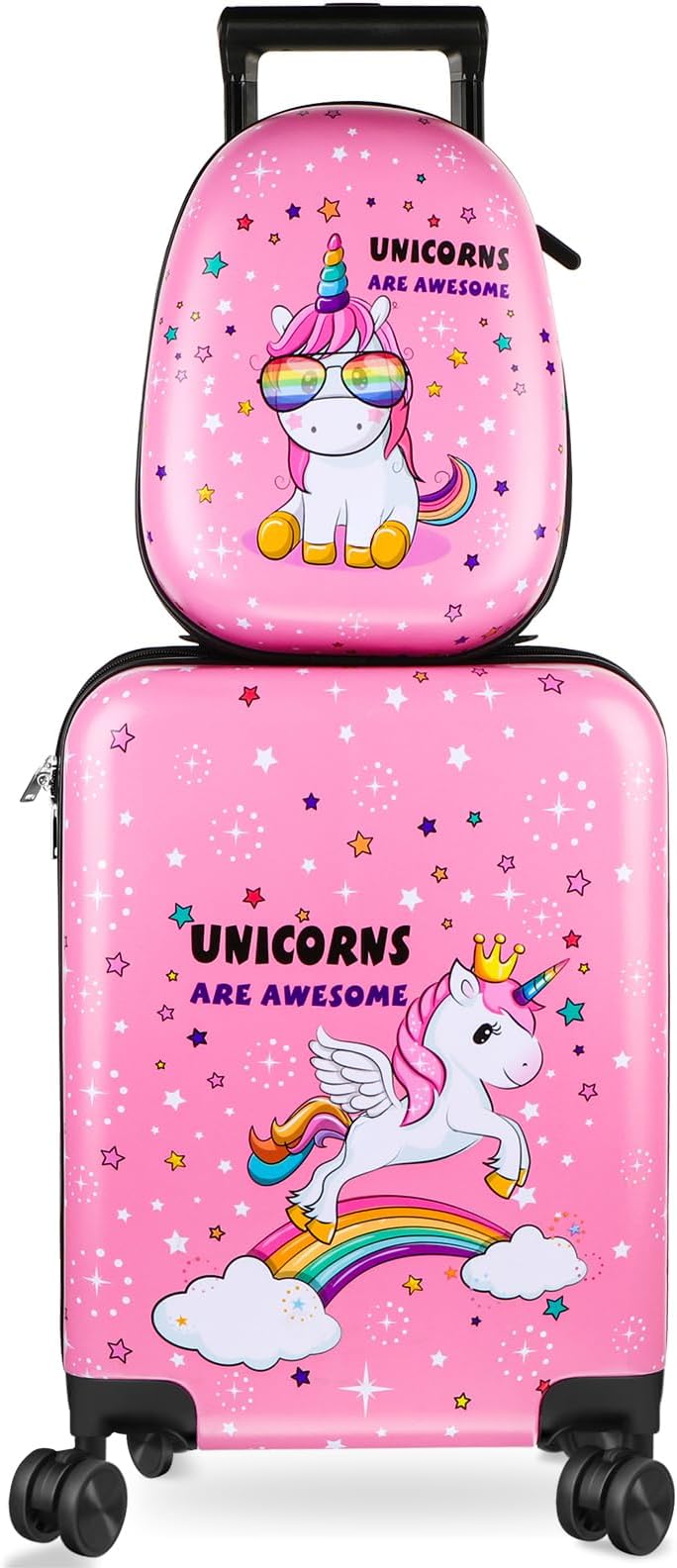Kids Luggage and Backpack 18 Suitcase with Spinner Wheel Hard Case Travel 13 Backpack Girl Suitcase Set for Kids Travel Supplies(Pink,Unicorn Style)