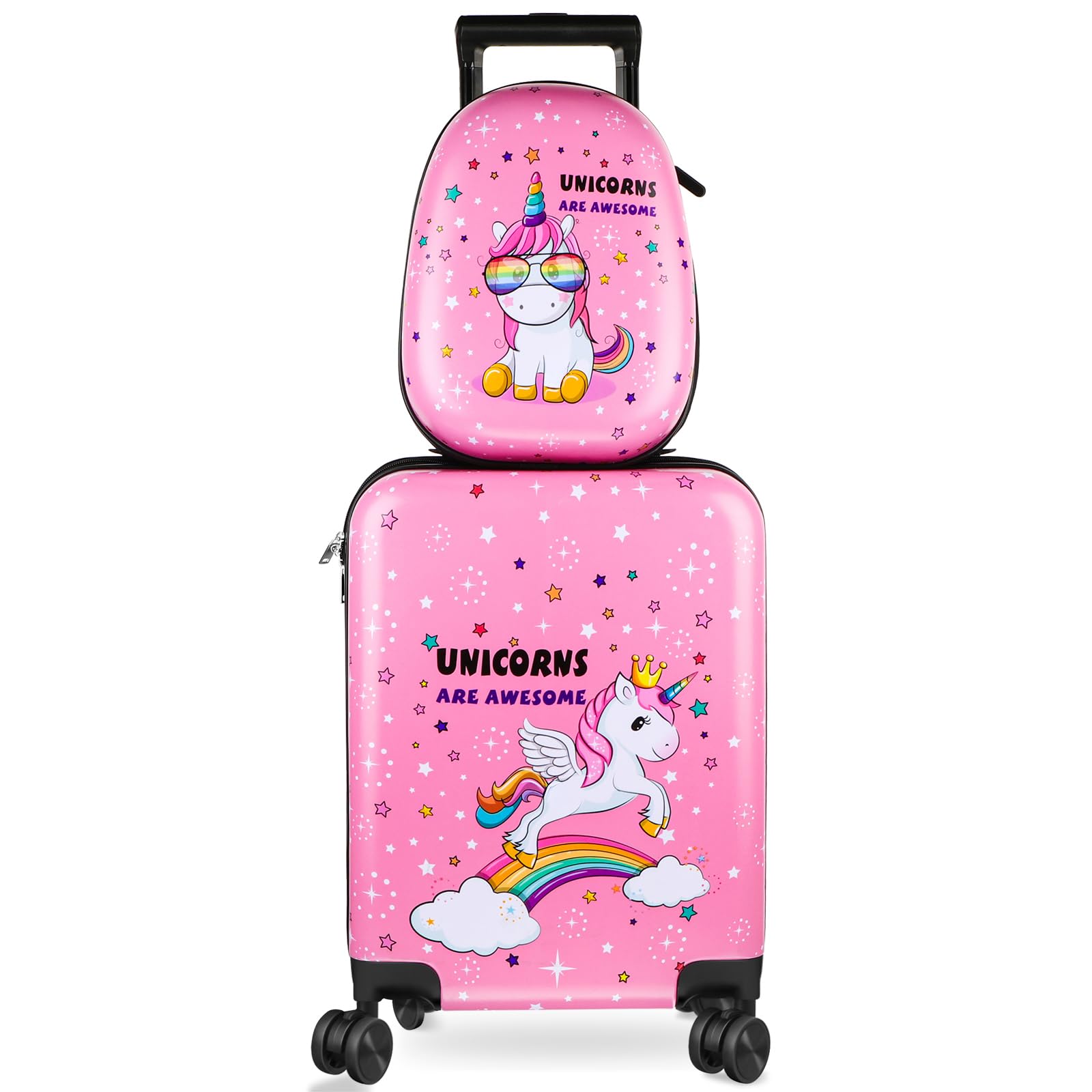 Weewooday Kids Luggage and Backpack 18 Suitcase with Spinner Wheel Hard Case Travel 13 Backpack Girl Suitcase Set for Kids Travel Supplies(Pink,Unicorn Style)