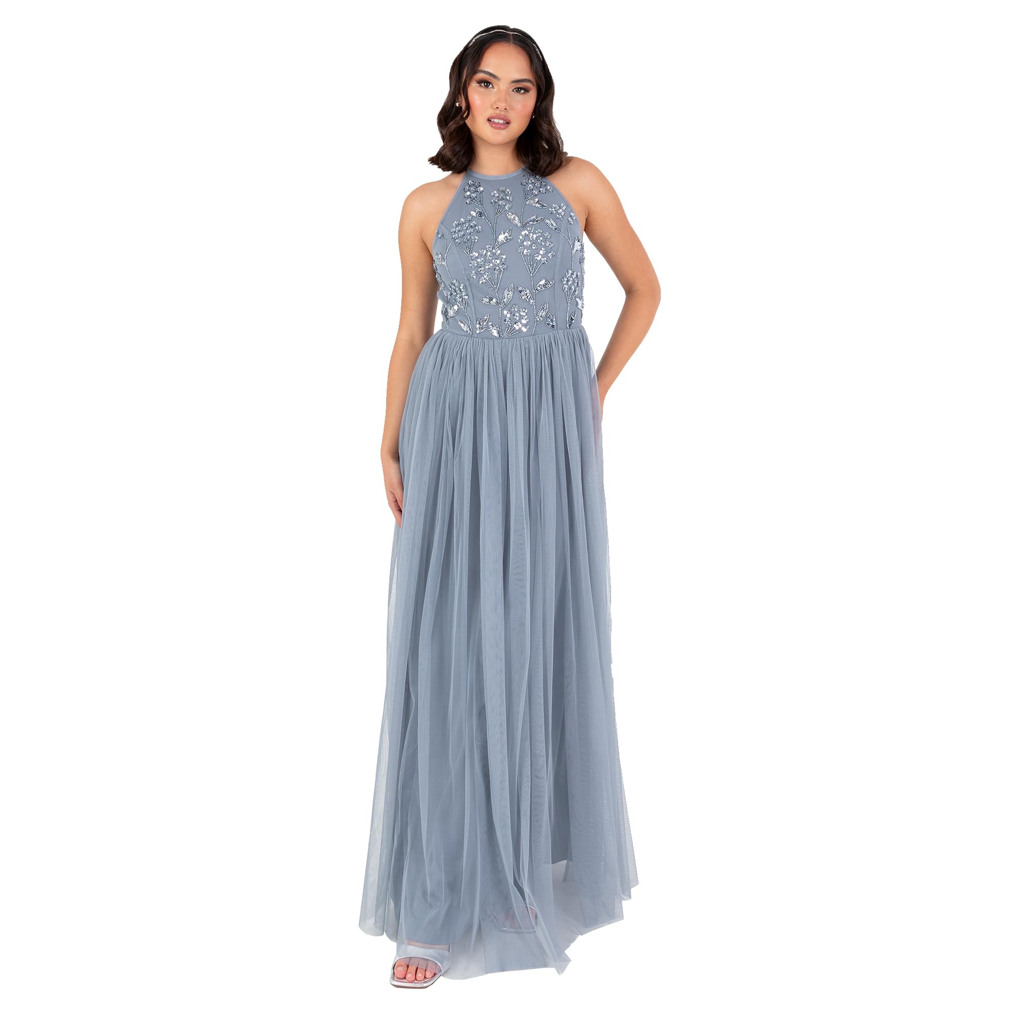 Maya Deluxe Damen Women's Maxi Dress Ladies Halterneck Sleeveless Floral Sequin Embellished Tulle A-line Bridesmaid Prom Ball Gown Dress (1er Pack)
