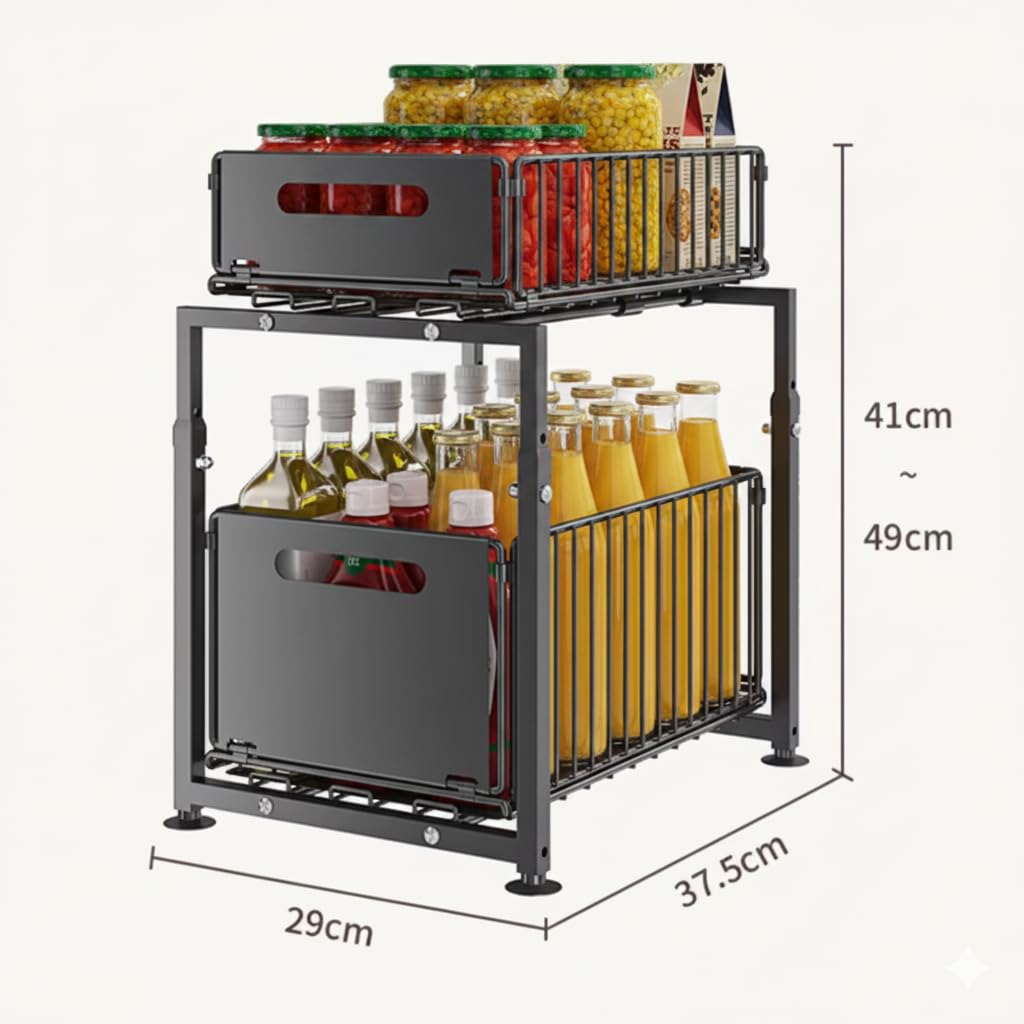 Estantería de Cocina, Organizador de Oficina, de pie, Organizador de Cocina, Archivador Oficina - Almacenaje Cocina - Estantería con Dos Cestas Extensibles- Negro con Dos Niveles.