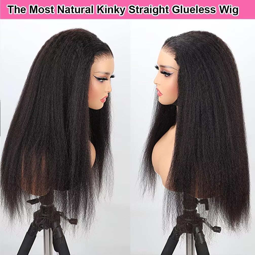 Yaki Parrucca Donna Senza Colla 4x4 Lace Front Wig Human Hair Wear and Go Glueless Wigs Human Hair Pre Plucked Pre Cut for Beginner 180% Density Lace Closure Wigs 16 Pollici