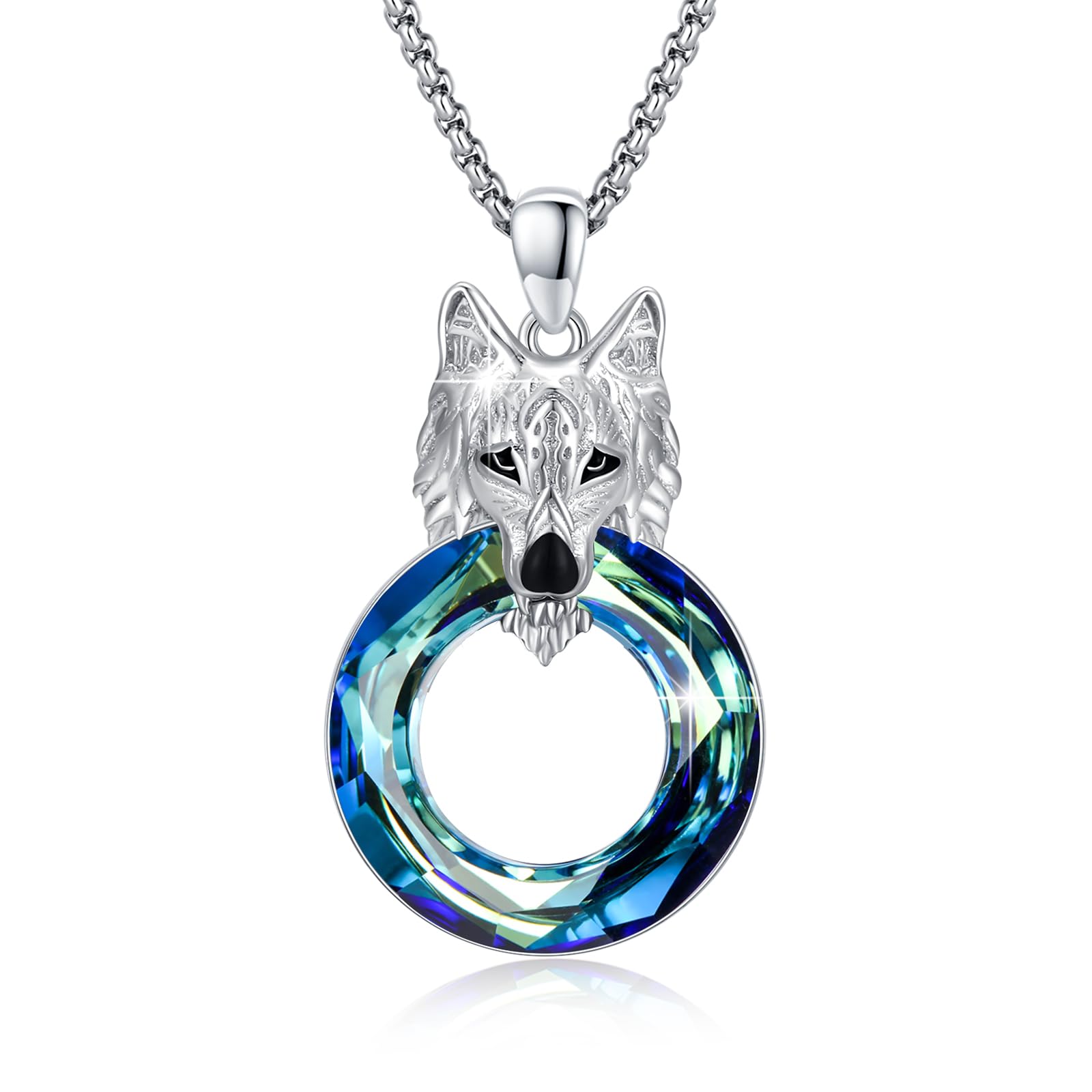 REDSUN Wolf Collana in argento sterling 925 con ciondolo a forma di testa di lupo di cristallo da 20 mm, collana in acciaio inox da 20 + 2 pollici