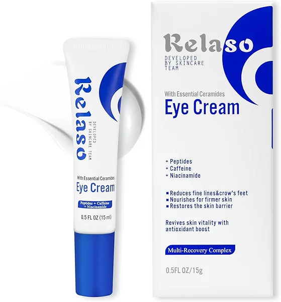 Relaso Eye Cream for Wrinkles & Crows Feet - with Essential Ceramides, Peptides & Caffeine & Niacinamide - Reduce Puffiness & Bags Under Eyes, Under Eye Cream for Women & Men, 0.5 Oz