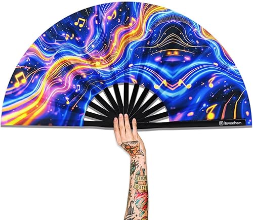 Miniatura 18 de Abanico Plegable Grande, Abanico Rave Clack de 13 Pulgadas, Abanico de Mano para Mujeres y Hombres con Tela de Satén Premium, Marco de Bambú Grueso