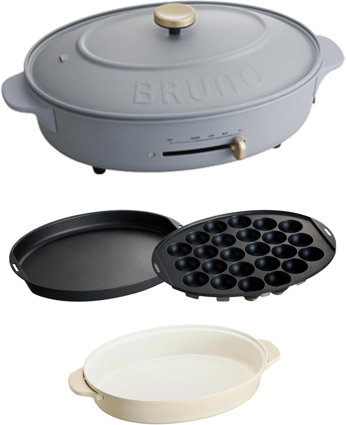 BRUNO ブルーノ オーバルホットプレート 本体 プレート3種 (たこ焼き 深鍋 平面) ブルーグレー Blurgrayおしゃれ かわいい これ1台 一台 蓋 ふた付き 1200w 温度調節 洗いやすい 1人 2人 3人用 小型 ひとり暮らし にも BOE053-BGY