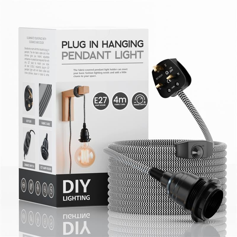 LEDSone Industrial Hanging Pendant Light with Plug-in, E27 Suspended Lamp Holder, 4m Fabric Flexible Cable with Dimmer Switch for Ceiling Hanging Lights (Black & White)