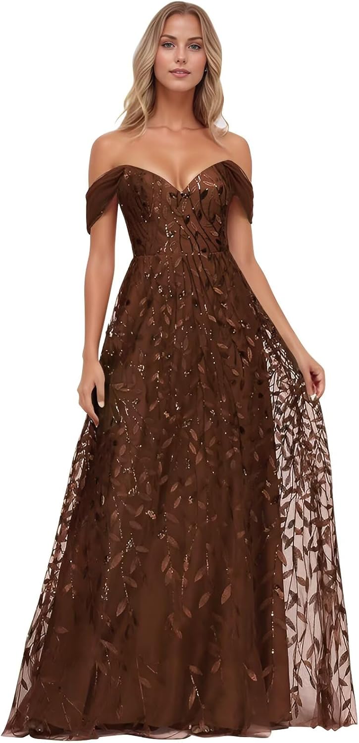 Off The Shoulder Sequin Prom Dress for Women Long Tulle A Line Formal Dress Lace Evening Party Gown