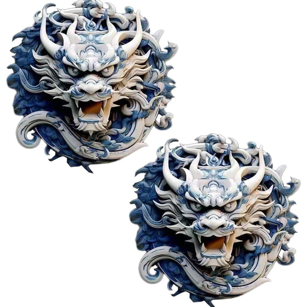 Lpitoy Car Sticker, Blue and White Porcelain Dragon Head Car Decals, Self-adhesive Decals for Car Truck Motorcycle, Car Hood Body Side Rear Window Stickers