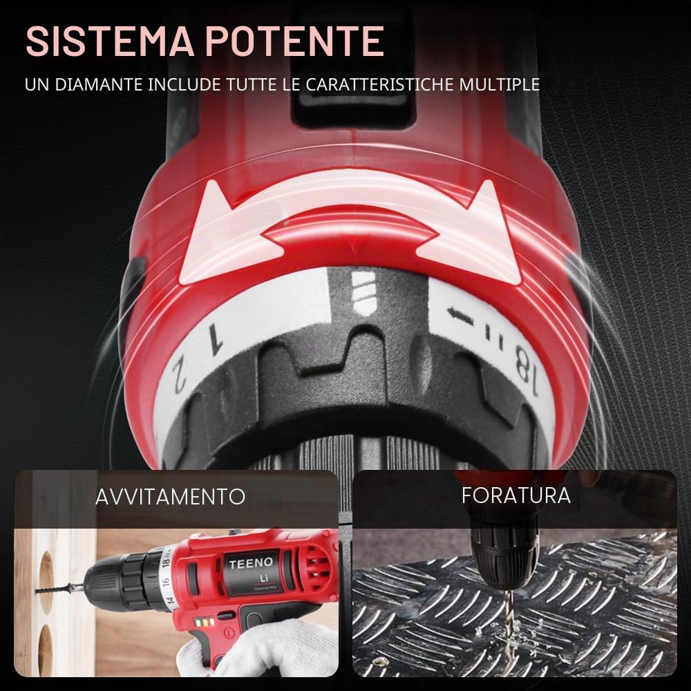 TEENO Trapano avvitatore a batteria 21V, dotato di 2 batterie da 1,5Ah, coppia di 35Nm, regolazione 18+1 livelli, 2 velocità, luce LED, ideale per progetti di bricolage