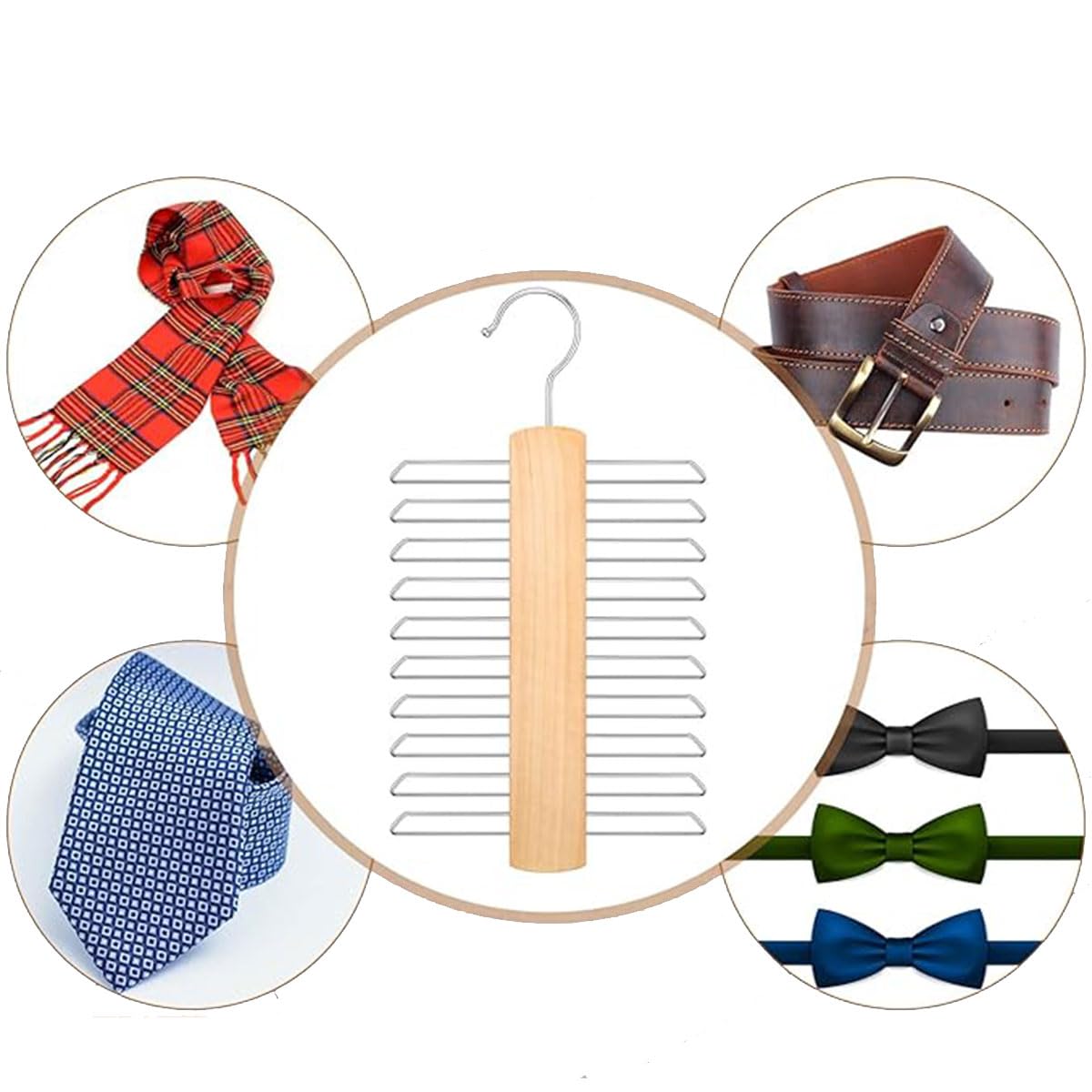 Porte-Cravates En Bois 30x16cm - 20 Crochets Rotatifs 360°, Pour Cravates/Ceintures/Foulards