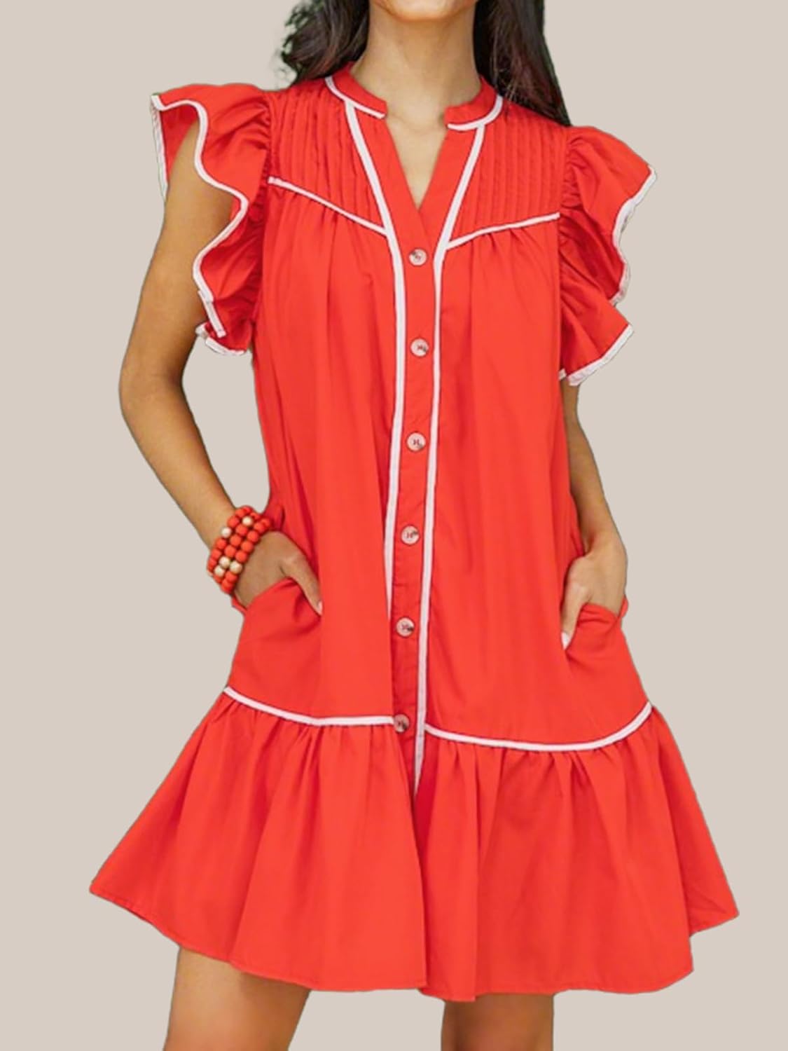 Women's Button Down Ruffle Cap Sleeve Mini Dress V Neck A Line Flowy Babydoll Short Dresses with Pockets - Image 2