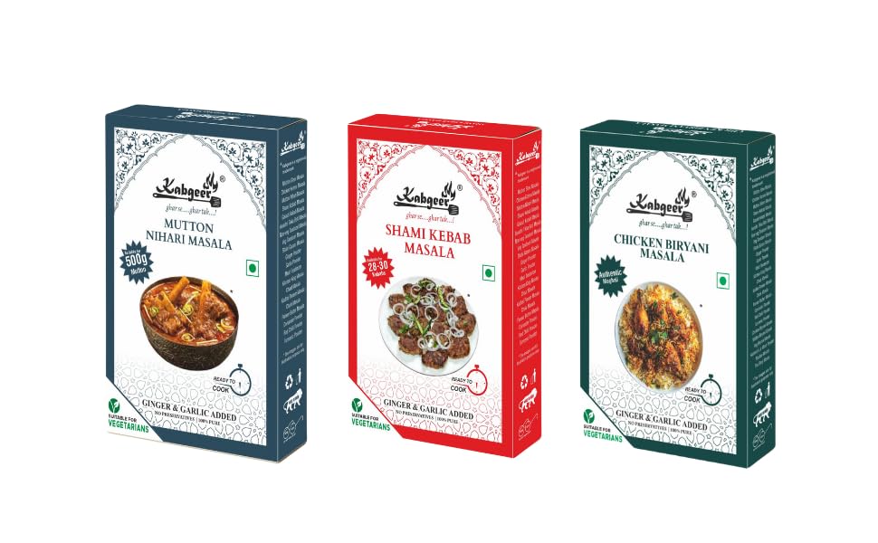 Kabgeer Shahi Mughlai Combo No. 5 (Pack of 3) | 113 g | Mutton Nihari Masala | Shami Kebab Masala | Chicken Biryani Masala | Authentic Non Veg Spices for 1 Kg Cooking