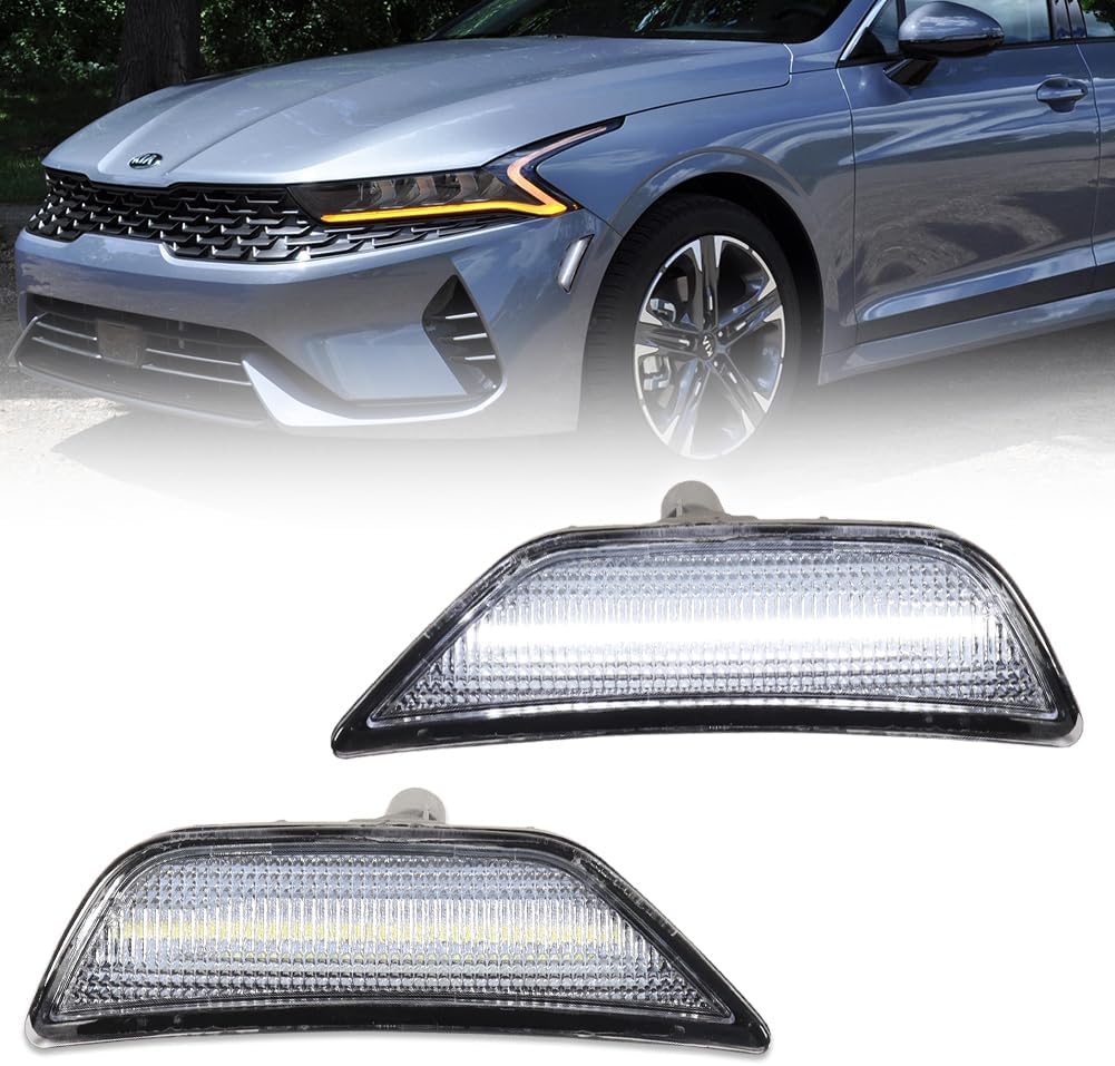 Front LED Side Marker Lights for Kia K5 2021 2022 2023 2024, K5 Clear Lens Side Bumper Marker Lights, Kia White LED Turn Signal Lamps, Replace OEM #921A1-L3000, 921A2-L3000, 2 PCS