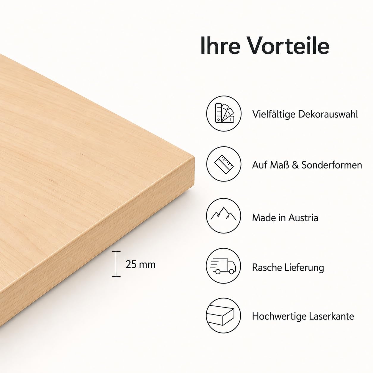 Holzgrusskarten.at Schreibtischplatte nach Maß - Birke - 25 mm Stärke, individueller Zuschnitt, DIY-Schreibtisch aus Holz, Tischplatte, Arbeitsplatte, Werkbankplatte