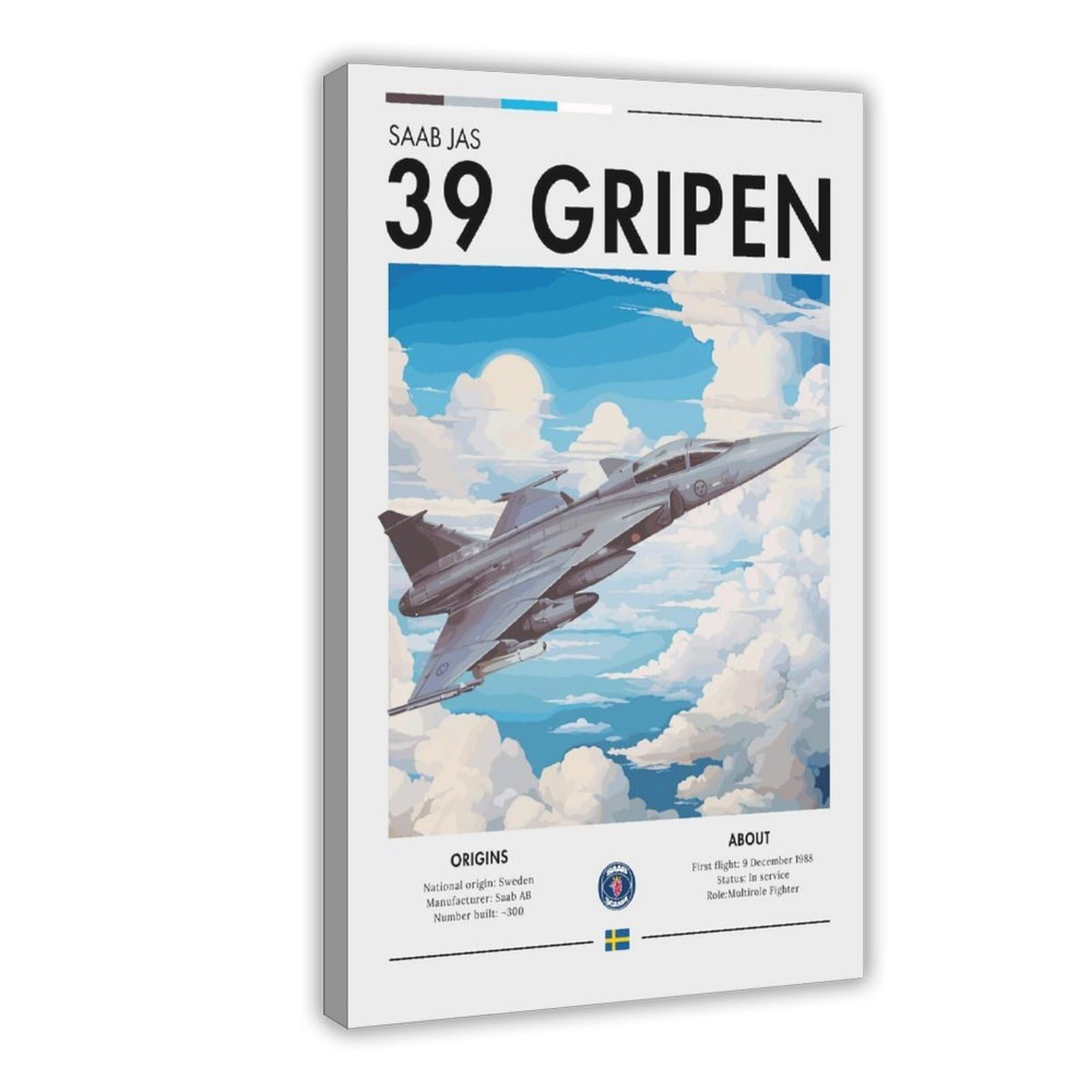QZFNCOYU Saab JAS 39 Gripen Fighter Jet Canvas Poster Bedroom Decor Landscape Office Room Decor Gift 12x18inch(30x45cm)