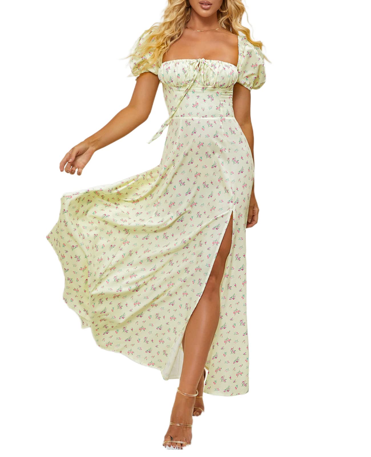 Photo 1 of Women's Summer Puff Sleeve Floral Print Split Maxi Dress Flowy A Line Casual Beach Long Dresses-pink-m