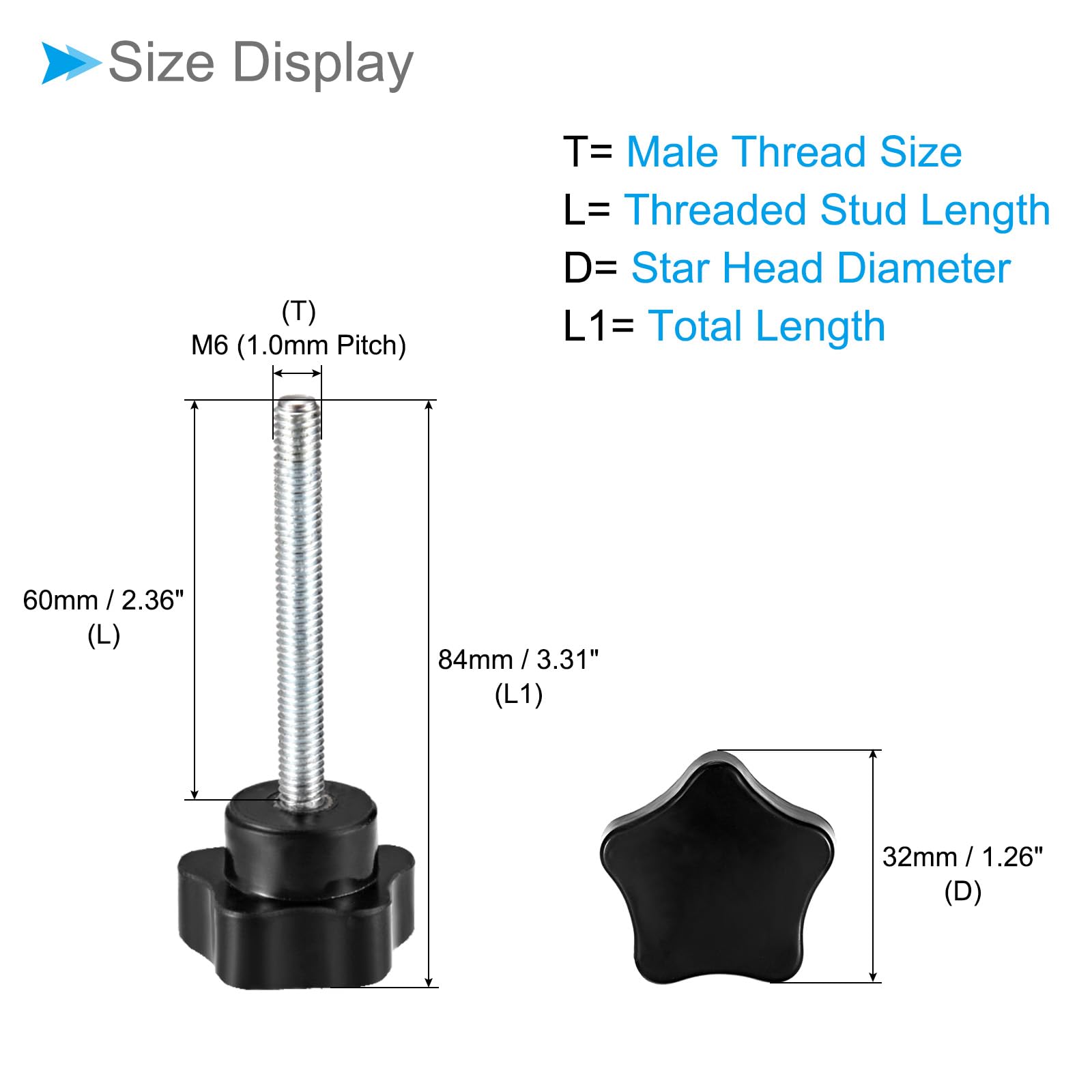 CoCud Star Clamping Knobs, M6 x 60mm Male Thread 32mm Head, Plastic Thumb Screw Grip Hand Knobs Threaded Bolt Black - Image 2