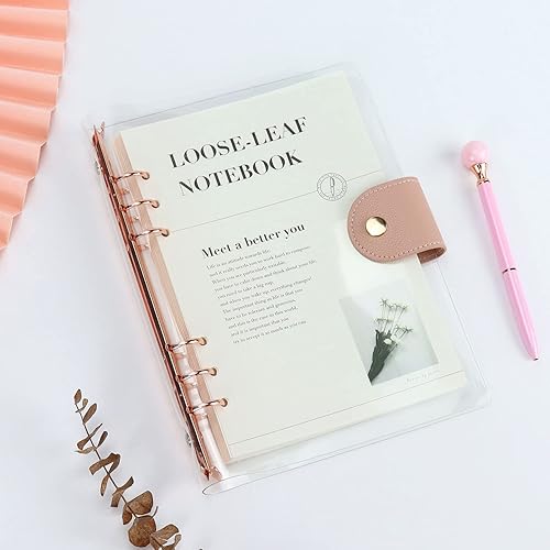 Miniatura 2 de Carpeta A5 con 6 anillas transparentes, anillo redondo de oro rosa con 90 hojas de papel interior forrado, carpeta de presupuesto A5 con cierre a