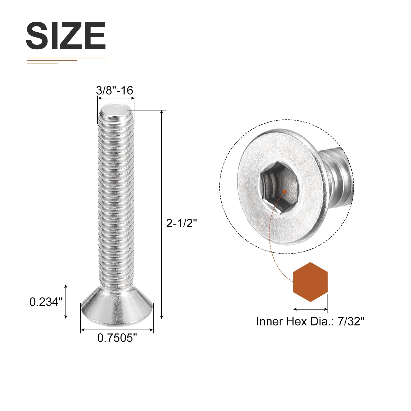 DTGN 3/8-16 x 2-1/2" Flat Head Socket Cap Screws, 20 Pack 304 Stainless Steel Hex Socket Flat Head Screws, Full Thread - Image 2