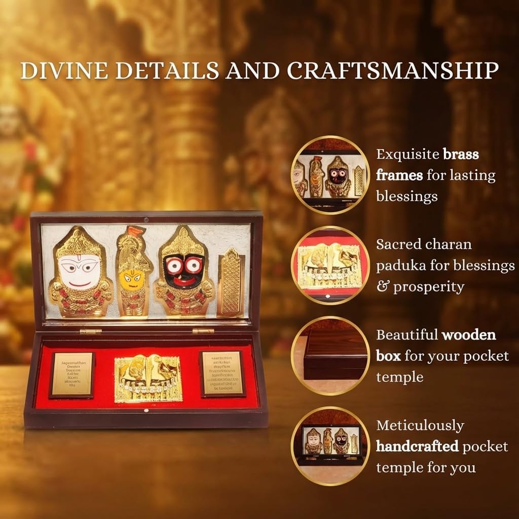 Puri Jagannath Pocket Temple for Pooja Room I Gold Plated Decorative Photo Frame & Charan Paduka | Best Gift for Family & Friends, Diwali Gift & Home Decor - 21.3 cm