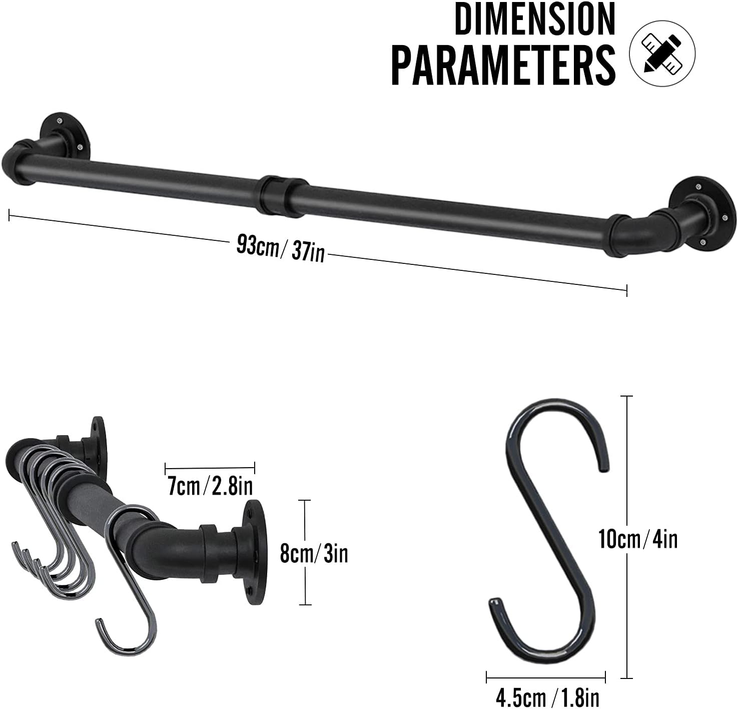 GREENSTELL Pot Rack with 14 S Hooks, 37 inch Wall Mounted Hanging Pot Rack, Industrial Pipe Hanging Rail for Kitchen Pot & Pan Lids, Multi Functional Wall Mounted Organizer Rack (Black 1 Pack)