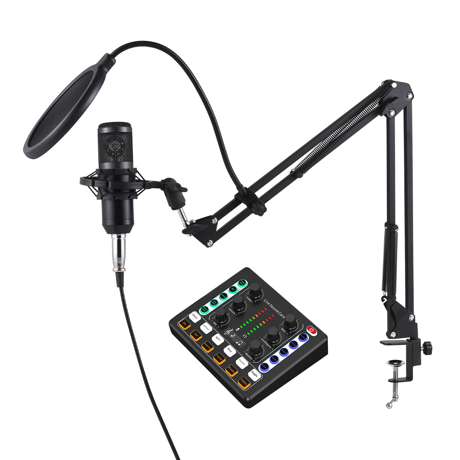 Paquete de equipo de podcast, micrófono condensador con kit de tarjeta de sonido en vivo, micrófono de podcast, cambiador de voz, tarjeta de sonido en vivo para grabación de transmisión en vivo, canto