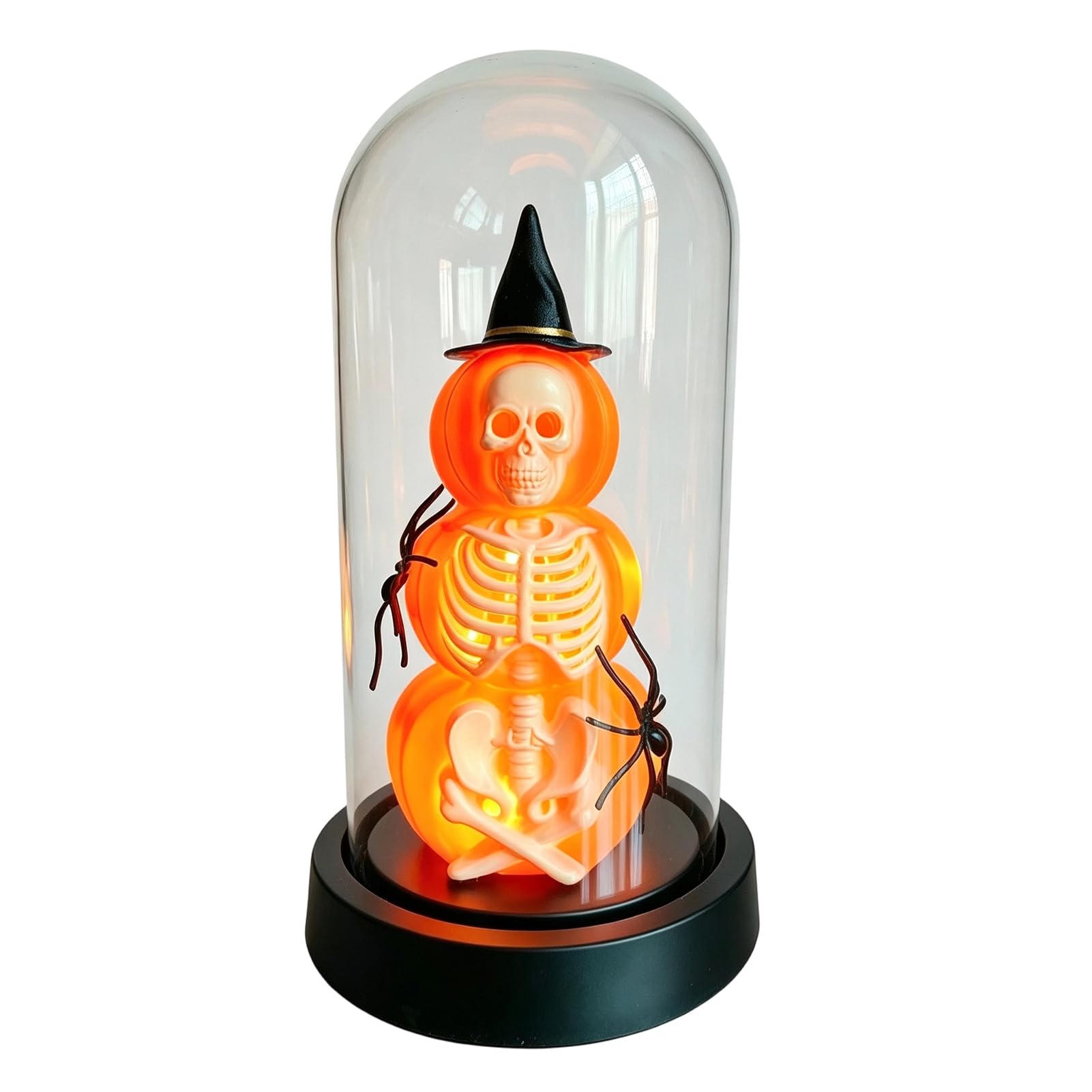 pidodou Halloween Pumpkin Skeleton Cloche Lamp Lighted Stacking Skull in Clear Dome with Witch Hat for Tabletop Mantel Decor Black plastic