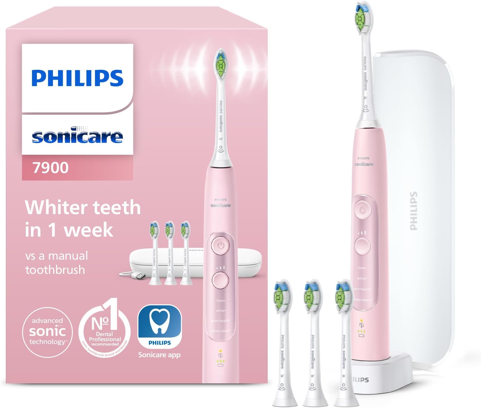 Sonicare 7900 Electric Toothbrush, Sonic Toothbrush with App, Advanced Whitening, 4 Brushing Modes and 3 Intensity Levels, Pressure Sensor, Charging Travel Case, Pink, Model HX9631/18