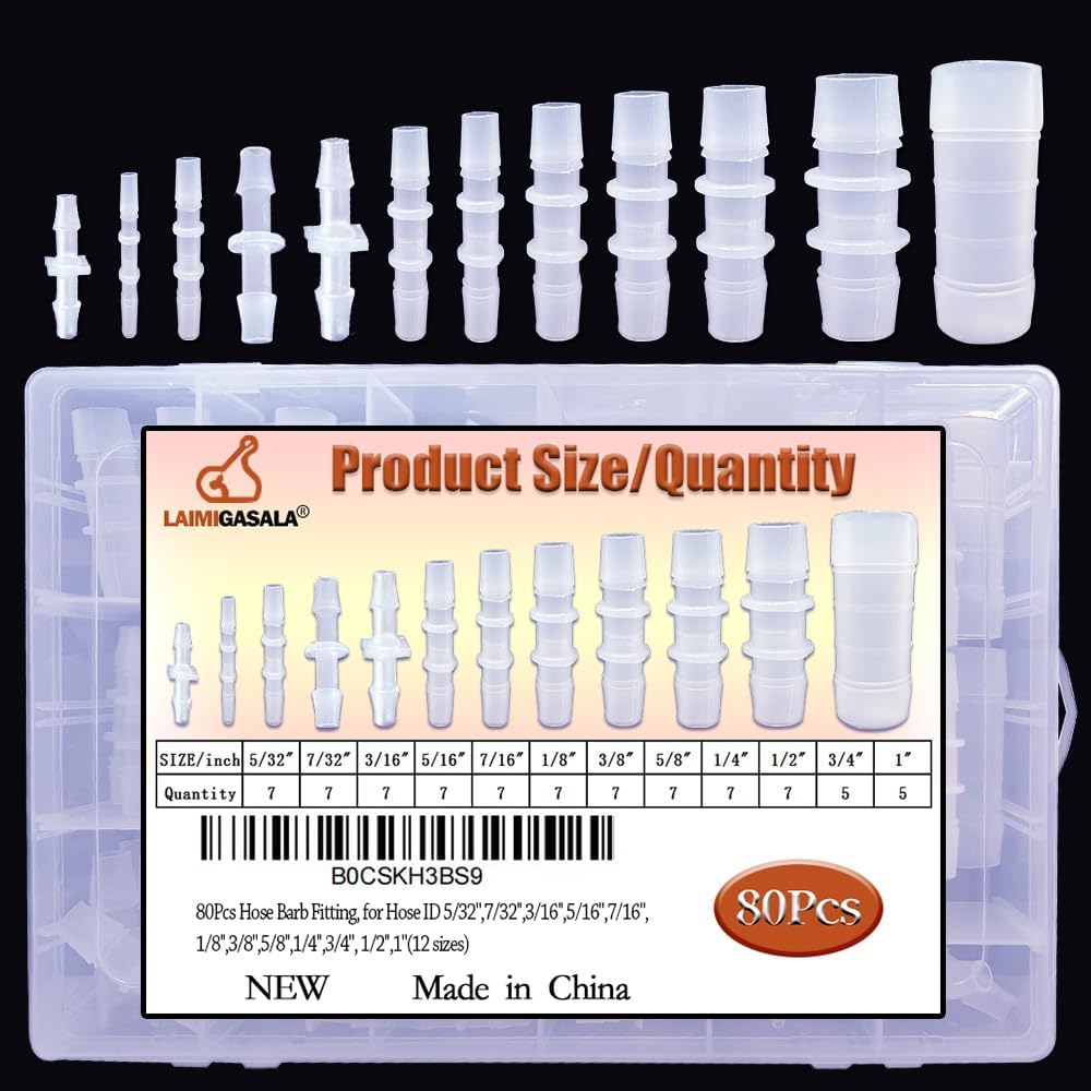80Pcs Plastic Hose Barb Fittings Assortment, 12 Sizes of Equal Barbed Hose Pipe Fitting Connector Adapter Union Splicer Joint for Air Gas Water Liquid Fuel Line Catheter Tube Pump Adapters