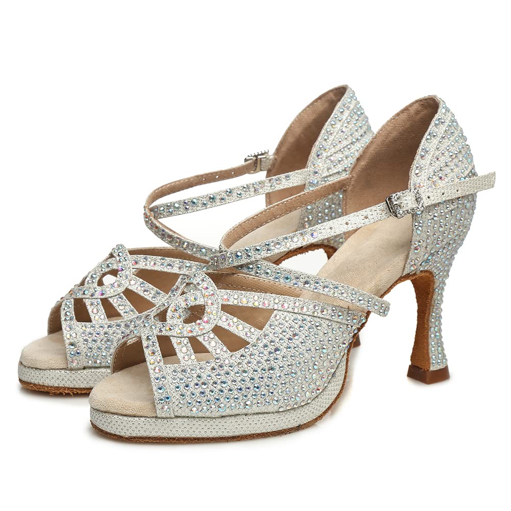 Zapatos de Baile Latino Mujer con Plataforma Zapatos de Baile Salsa y Bachata de Salón Punta Abierta,Modelo YC-L458