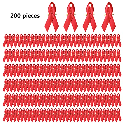 Image of 200 Pieces Red Satin Awareness Ribbons with Safety Pins for Fighting Against AIDS and HIV 1.4 x 3 inch