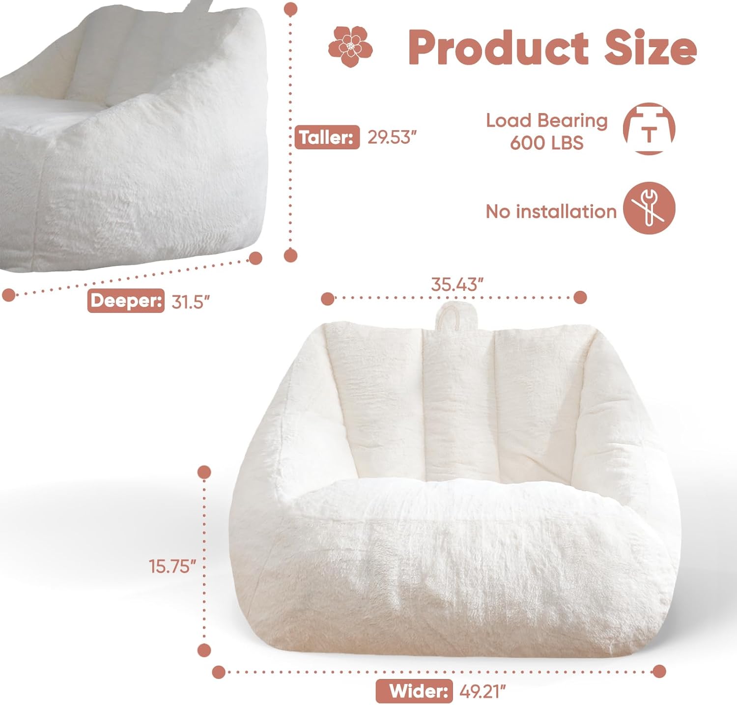 4FT Bean Bag Chair Giant Bean Bag Chairs for Adults Large Bean Chairs with Removable Cover, Beanbag Chair with Filler, Adult Bean Bag Chairs for Living Room, Bedroom Beige