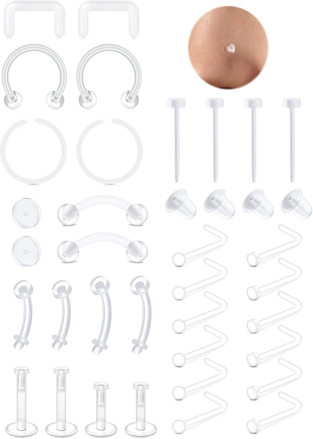 MODRSA Plastic Piercing Retainers for Surgery Clear Piercing Jewelry Bioflex Belly Button Rings for Sport School Clear Nose Studs for Work Invisible Earrings Plastic Cartilage Rook Lip Septum Retainer