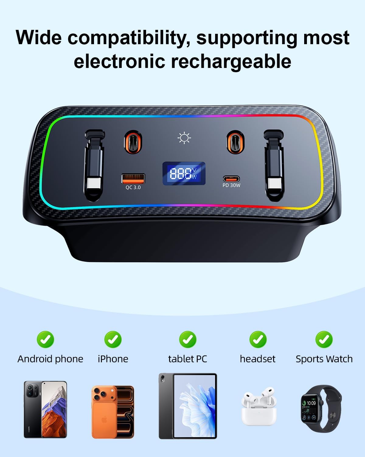 ELOHEI Car Fast Charger for Toyota Corolla 2020 2021 2022 2023 with 8-Color Ambient Light, Multi Port Retractable Docking Station for Toyota Corolla 2020-2023 Accessories (Black)